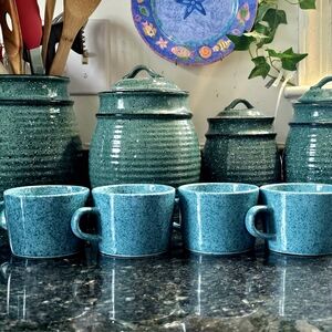 VTG Japanese Signature Stoneware Turquoise Speckled Mugs set of 4